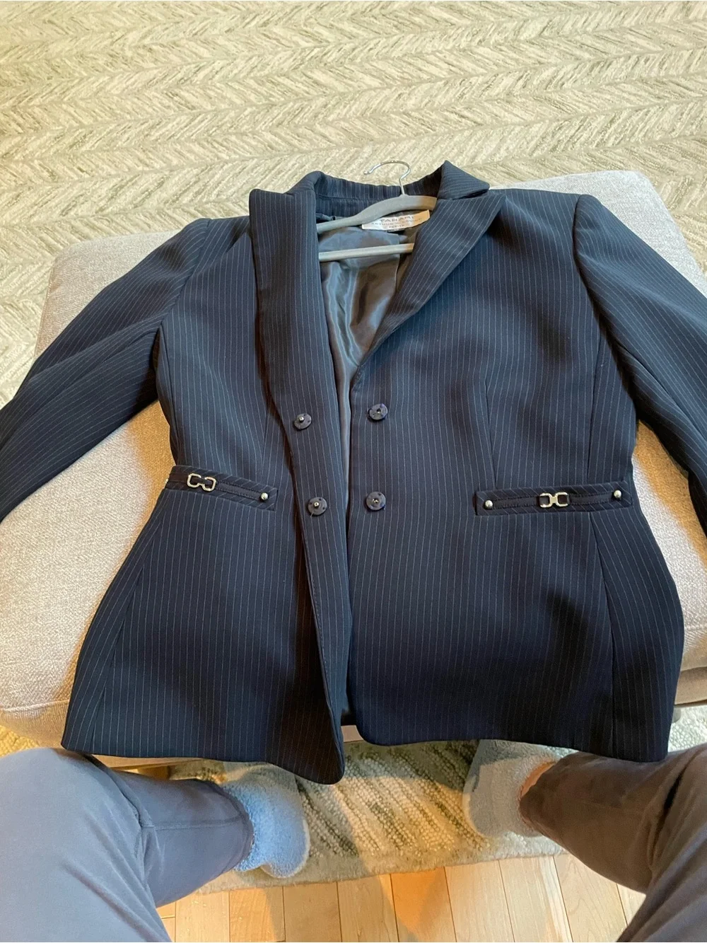 Tahari Black Pinstriped Snap Front Silver Tone Hardware Lined Jacket Blazer